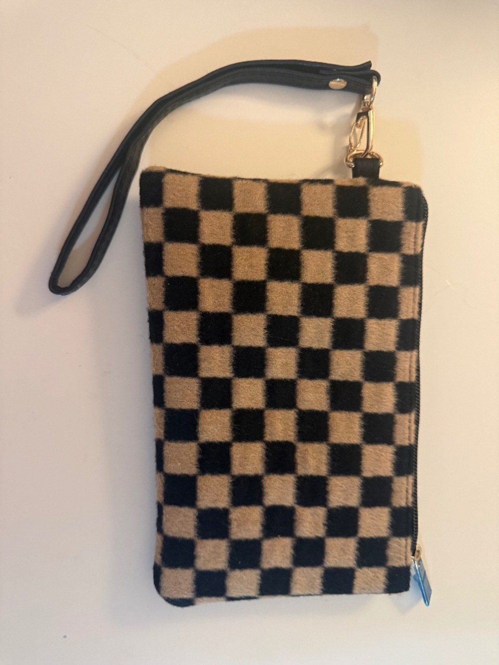 Black & Tan Checkerboard Wristlet Clutch Zip Pouch Faux Fur Wallet with Removabl